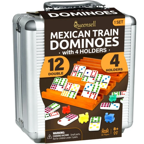 Queensell Mexican Train Dominoes Set with 4 Holders - Dominoes Double 12 with Wooden Hub and Tiles Holders - Double 12 Dominos Set for Family Game Night for Adults and Kids Ages 8 and up (D12 + 4 Holders)