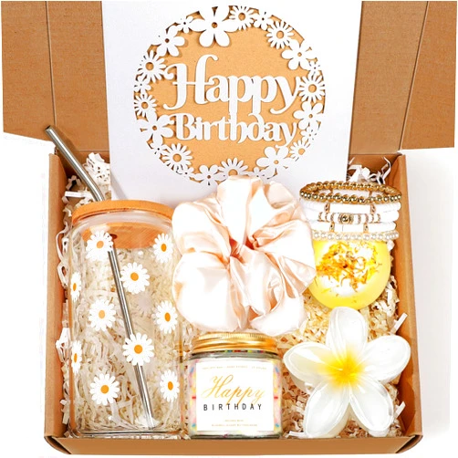 IAOVUEBY Birthday Gifts for Women, Teen Girl Gifts, Birthday Gifts for Her, Happy Bday Gift Box for Girl, Women, Sister, Daughter, Best Friend, Friendship, Cute Daisy Glass Cup Gifts Set 7PCS, 16oz, Beige