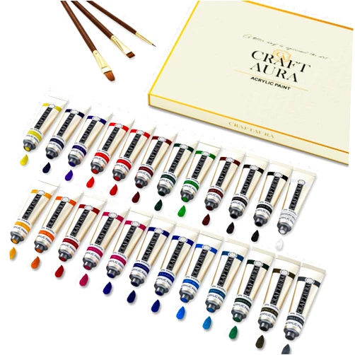 CraftAura Acrylic Paint Set 24colors (12ml, 0.4 oz) with 3 Pieces Brushes, Heavy Body Paint Supplies for Canvas Painting Christmas Decorations, Non Toxic Paints for Kids Beginners Students Artist Painter
