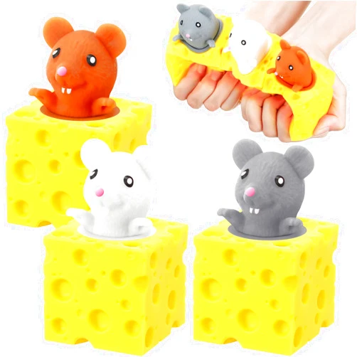 Chivao 3 Pcs Cheese Toy Cheese Stress Ball Fidget Toys Mice in Cheese Anxiety Toys Mouse Office Toy Sensory Mouse Toys for Birthday Gifts Stress Relief Party Favors, Grey Brown White