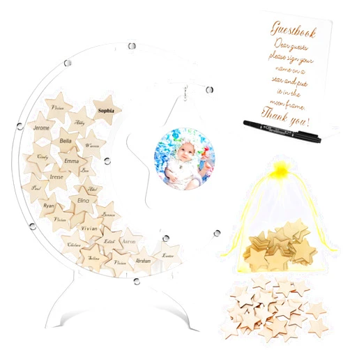 Dolodomy Baby Shower Guest Book, 68PCS Baby Shower Sign in Guest Book Baby Shower Decorations Moon Token Frame Star Wooden Keepsake Frame Baby Shower Decors 12.6IN Acrylic Baby Shower Favors