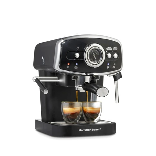Hamilton Beach Slide & Lock Espresso Machine With Milk Frother Steam Wand For Cappuccino & Latte, 15 Bar Pump and Two Spouts, Removable Reservoir, Compact, Retro Design, Black (40730)