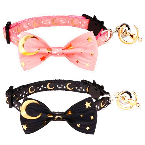 Stpiatue 2 PCS Breakaway Cat Collar with Bow Tie and Bell Golden Moon Glowing Star in The Dark for Kitten(Black&Pink)