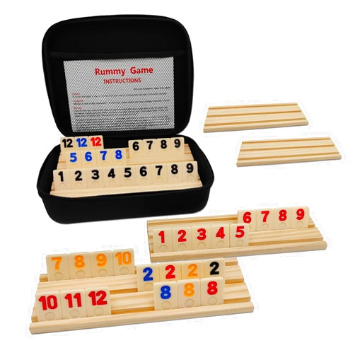 Uvcany Rummy Cube 6 Player Edition with 6 Wooden Racks/Trays, 160 Rummy Cube Game Set with Portable Case, Rummy Tiles Travel Set with 6 Tiles Holders for Family Classic Board Games