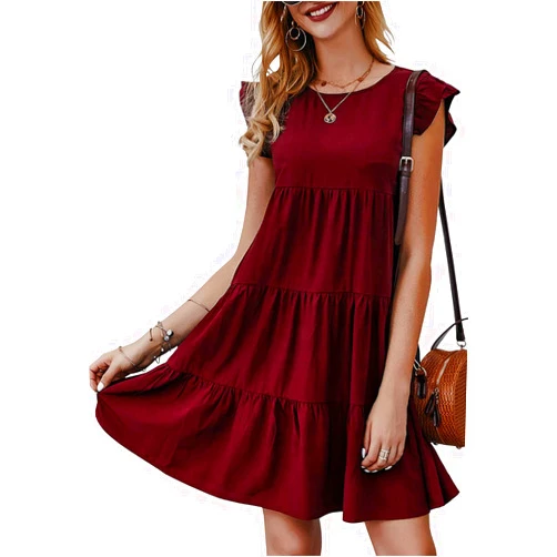 KIRUNDO Women's Summer Dresses Sleeveless Ruffle Sleeve Round Neck Solid Loose Short Flowy Pleated Mini Babydoll Dress
