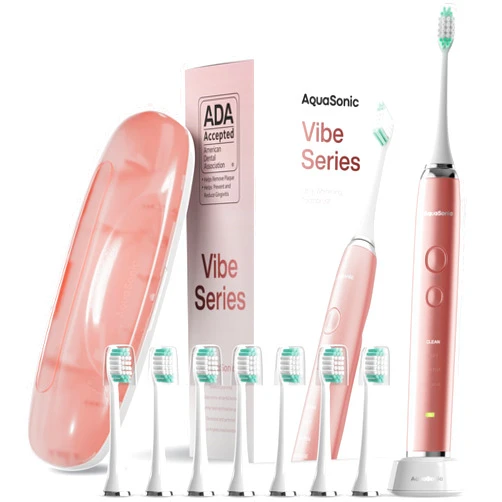 Aquasonic Vibe Series Ultra-Whitening Toothbrush – ADA Accepted Electric Toothbrush - 8 Brush Heads & Travel Case – 40,000 VPM Motor & Wireless Charging - 4 Modes w Smart Timer – Satin Rose Gold