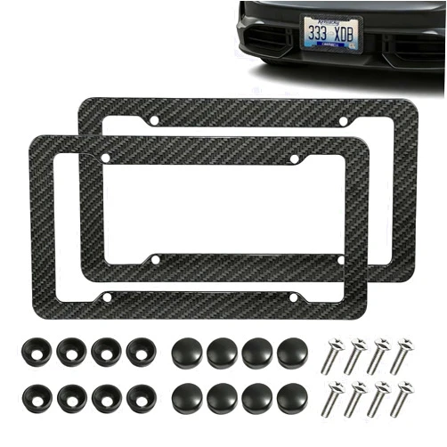 KoiLuvGo 2-Pack Carbon Fiber License Plate Frame, Rust Proof Aluminum Car Tag Holder, with Screws, Caps Cover, Rattle Proof Pads, Heavy Duty Plate Mount Kit, Universal Car Front & Rear License Plate