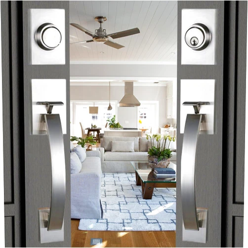 NEWBANG Silver Double Doors Handle Lock Set for Front & Entry Door - Satin Nickel Finish,MDHST2017SN-SET-BR