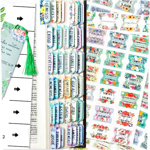 CUALFEC Spanish Bible Index Tabs New & Old Testament Tabs Matte Laminated Floral Design, Bible Journaling Supplies - 122 Pcs (Floral)