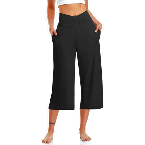 TARSE Womens Casual Wide Leg Yoga Capris Crossover High Waist Capri Pants Loose Soft Pajama Pockets Sweatpants
