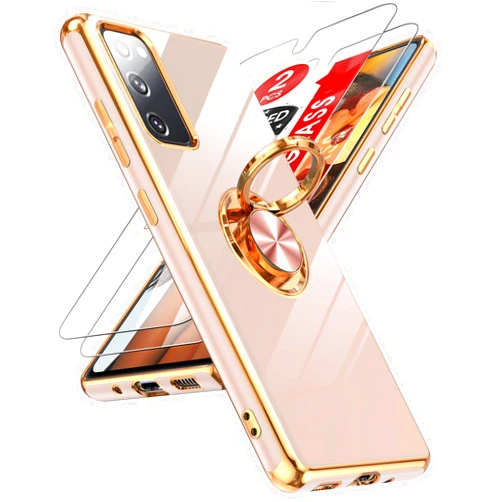 LeYi for Samsung Galaxy S20-FE-5G Case: S20FE/S 20FE Phone Case with Tempered Glass Screen Protector [2 Pack], Ring Holder Magnetic Kickstand, Plating Rose Gold Protective Case for Women Girls, Pink