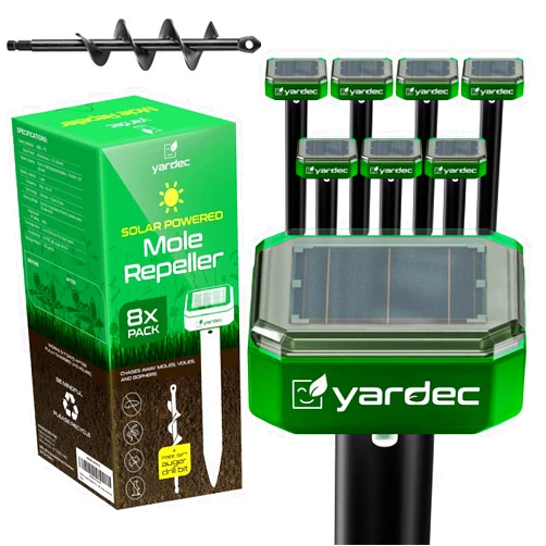 YARDEC Gopher Repellent Ultrasonic Solar Powered (8-Pack) - Easy To Use Solar Mole Repellent Ultrasonic With an Auger Drill Bit - IP65 Waterproof Sonic Repeller Stakes For Groundhog, Vole, Snake, etc.