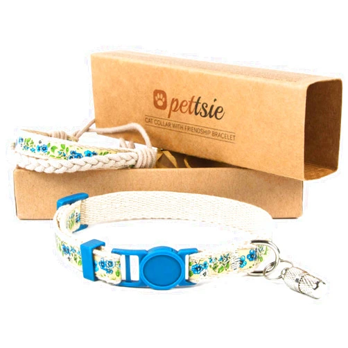 Pettsie Kitten Collar Breakaway Safety and Friendship Bracelet, ID Tag Tube, Durable, Comfortable and Soft Cotton for Sensitive Skin, Carton Box, D-Ring for Accessories, Adjustable 5-8 Inches, Blue
