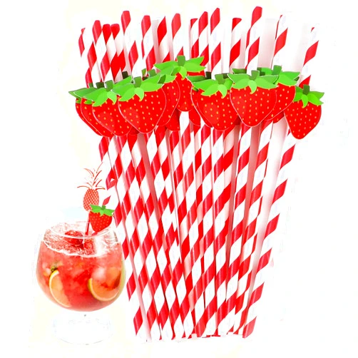 SynHHergyx 30 PCS Strawberry Paper Straws for Drinking, Red and White Striped Straws, Degradable Cocktail Straw Disposable Strawberry Straw for Cocktails, Orange Juice, Milkshakes, Soft Drink Party Supplies
