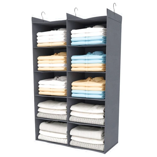 ALLTIDYUP 5 Tier Shelf Hanging Closet Organizer, Dual-Row 10 Pocket Cloth Hanging Shelf with 3 Sturdy Hooks for Storage, Foldable (Grey)