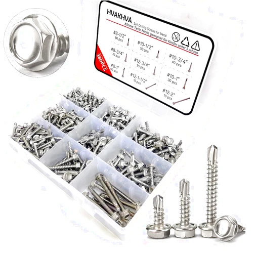 HVAKHVA 410 Stainless Steel Self Tapping TEK Screws Assortment,#8#10#12 Hex Head Self Drilling Screws for Metal