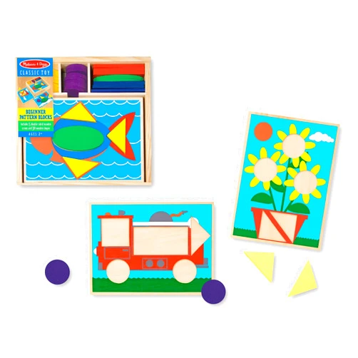 Melissa & Doug Beginner Wooden Pattern Blocks Educational Toy With 5 Double-Sided Scenes and 30 Shapes