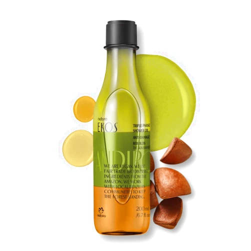 natura - Ekos Andiroba Triple Phase Shower Oil - Restorative In-Shower or Bath Body Oil - Anti-Damage - Scented - Bath Oil - Skin Moisturizer - Vegan Skin Care - Brazilian Beauty - 6.7 fl oz (200ml)