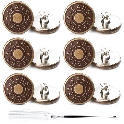 ZHIYONZEE 12 Sets Adjustable Buttons for Jeans, 20mm No Sew Instant Metal Buttons, Removable Jean Buttons Replacement Repair Kit with Threads Rivets and Screwdriver