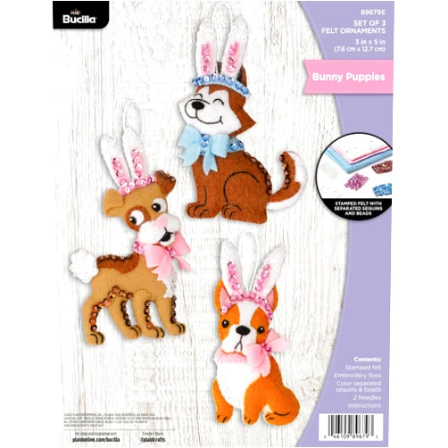 Bucilla Felt Applique 3 Piece Ornament Making Kit, Bunny Puppies, Perfect for DIY Arts and Crafts, 89679E