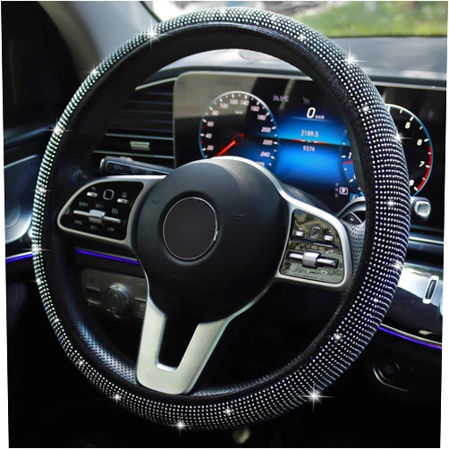 SJHTYA Bling Steering Wheel Cover, Rhinestones Steering Wheel Cover Crystal Diamond for Women, Sparkling Car Wheel Protector Universal Fit 14-15 inches - White
