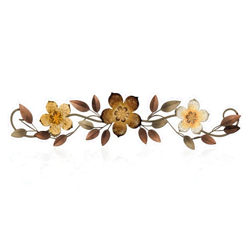 Wesiti Metal Flower Wall Decor Vintage Metal Flower Wrought Iron Scroll Sculpture 15.7''x3.7'' Not 3D, Flat Farmhouse Leaf Wall Decor with Nails for Summer Bedroom Kitchen Indoor Outdoor(Brown)