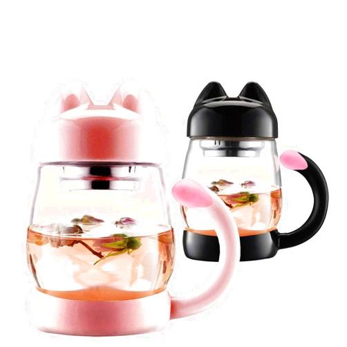Stolife Cat Glass Tea Cup, Cat Tail Tea Mug with a Lid, 14 oz Heat Resistant Mugs with a Strainer (Pink)