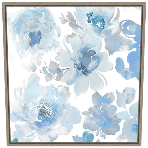 Amanti Art Framed Canvas Wall Art Print Springtime Blue and Silver Flowers by Kelsey Morris (16 in. W x 16 in. H), Sylvie Greywash Frame - Small