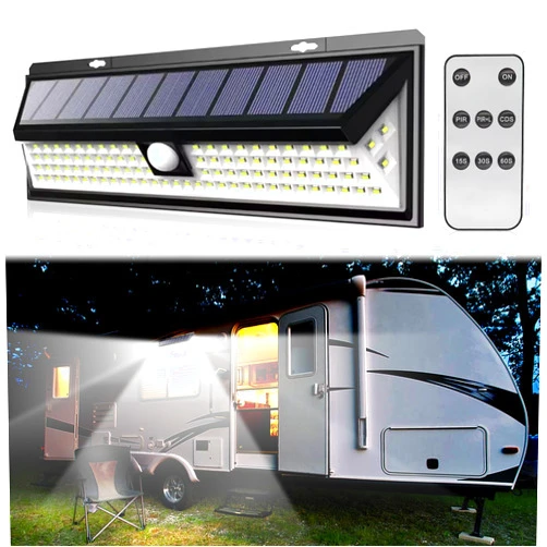 CCBASEBALL Solar RV Porch Light, 118 LED Motorhome Motion Sensor RV Exterior Lights with Remote Control, Waterproof Camper Outdoor Lights for Motorhome Travel,Travel Trailers, Camper, Food Trucks