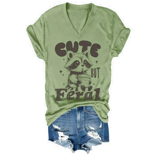 Doiurcs Cute But Feral Shirt Cute Pink Racoon Graphic Tees Funny Animal Lovers Feral Shirt Unisex