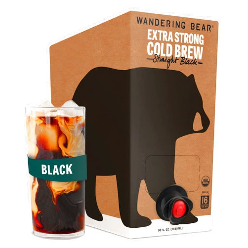 Wandering Bear Straight Black Organic Cold Brew Coffee On Tap, Iced Coffee, 96 fl oz - Extra Strong, Smooth, Unsweetened, Shelf-Stable, Ready to Drink, Cold Brewed Coffee, Cold Coffee