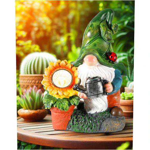 GoGnome Solar-Powered Garden Gnome Watering Can Sunflower - 12 in Garden Decor Gnomes Decorations for Yard Lawn Ornaments Outside Statue Figurine LED Lights (Gnome)
