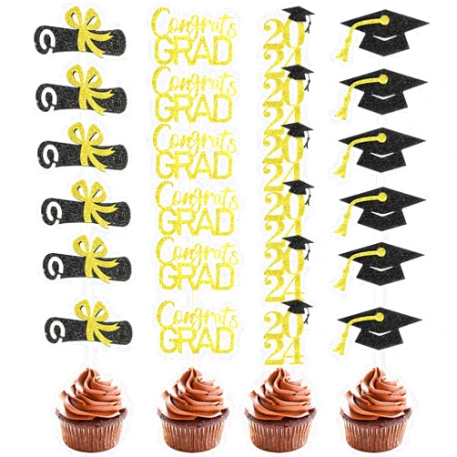 Pistha 96 Pcs Graduation Cap Cupcake Toppers Congrats Grad Cap Tassels Adhesive Dots Decorations for Graduation Party Ceremony Chocolate Cupcake Decor