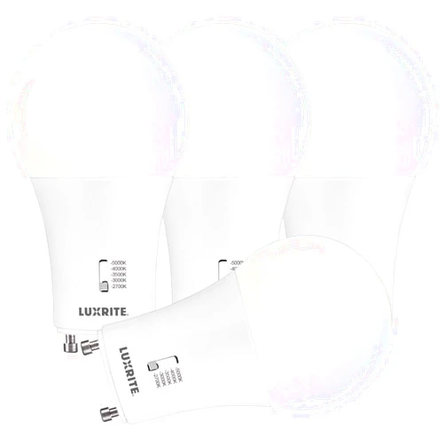 LUXRITE A19 GU24 LED Bulb, 60 Watt Equivalent, CRI90, 5CCT 2700K 3000K 3500K 4000K 5000K, Dimmable, 800 Lumens, 2 Prong Twist Lock Light Bulbs, 9W, GU24 Base, Damp Rated, ETL Listed (4 Pack)