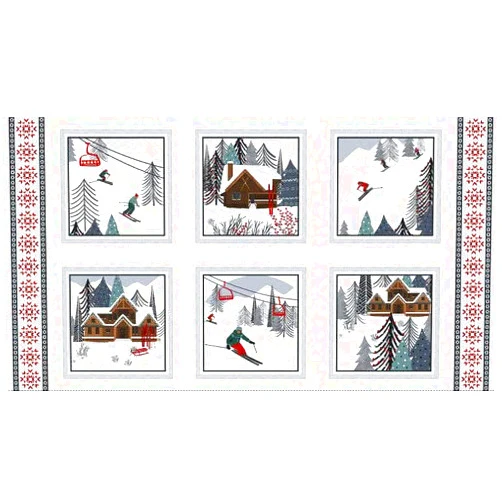 FlashPhoenix Quality Sewing Fabric – Christmas Alpine Ski Fabric Skier Snow Lodge Lift 100% Cotton 24 x 44 Inch Panel