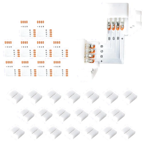 JACKYLED L Shape 4-Pin LED Connectors 10-Pack with 22Pcs Clips 10mm for Strip Lights