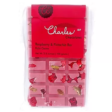 Charles Chocolates, Ruby Chocolate Raspberry Pistachio Bar, 3.5 Ounce