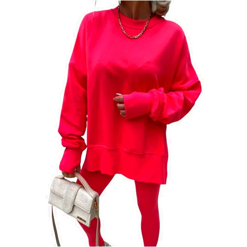 Generic Women's Fashion Rowan Sweatshirt Round Neck Loose Split Top Skinny Pants Two Piece Set