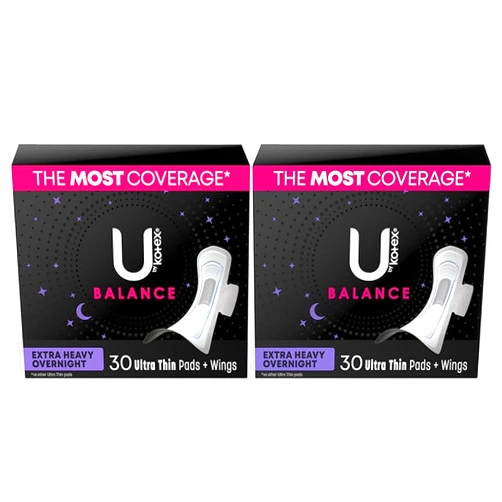 U by Kotex Balance Ultra Thin Overnight Pads with Wings, Extra Heavy Absorbency, 30 Count (Pack of 2)