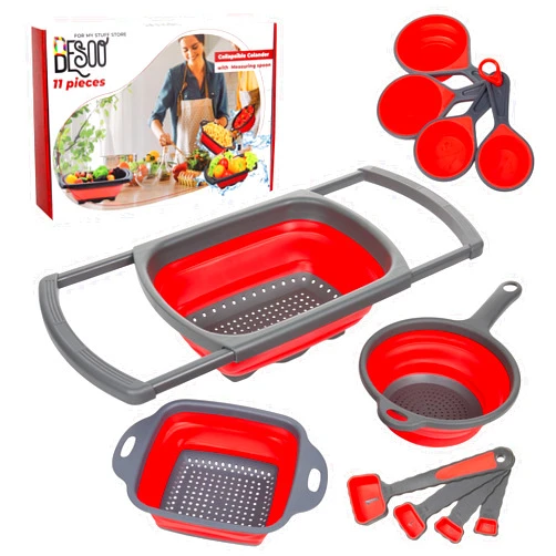 BESOO Collapsible Colander Set – 3-Pcs Collapsible Strainer Set with Measuring Spoons and Cups – Food-Grade Silicone Over the Sink Strainer – Collapsible Strainers for Kitchen, Pasta Draining