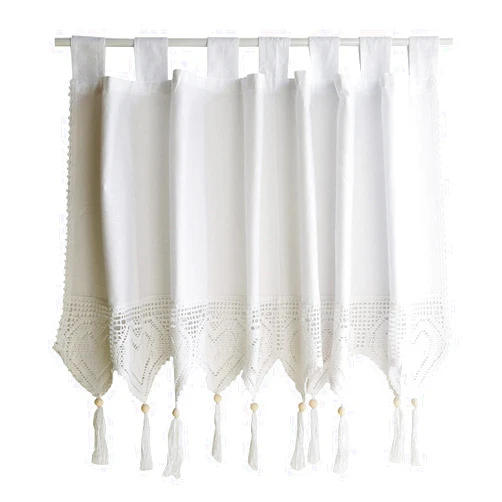 MFCCRAZY 1 Piece American Country Style Kitchen Half Curtains, White Cotton Short Crochet Border Cafe Short Curtains, Fringe Design, Suitable for Cafe/Bistro/Kitchen