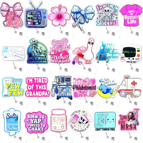 Hotlea 24 PCS Nurse Badge Reels Bulk Funny Badge Holders Retractable Clip Cute Nursing Medical Asssitants RN LPN CNA Nurses Week Gift Accessories for Work