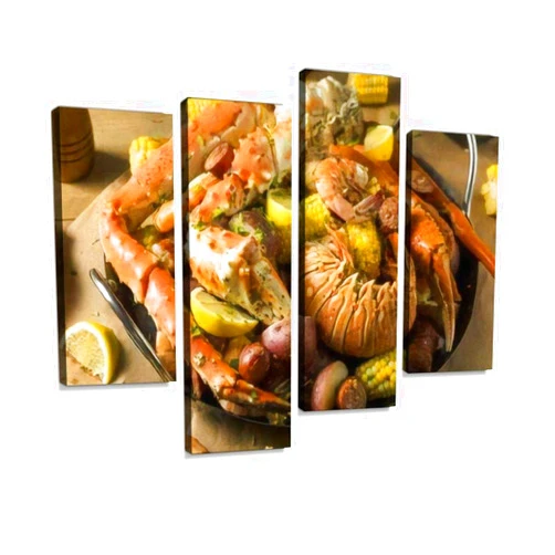 IGOONE 4 Panels Canvas paintings - Homemade Cajun Seafood Boil with Lobster Crab and Shrimp Stock Photo - Wall Art modern Posters Framed Ready to Hang for Home Wall Decor
