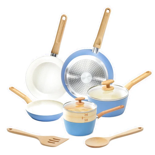 GoodCook 10-Piece Healthy Ceramic Titanium-Infused Cookware Set, Light Blue – Pots, Pans, Steamer, Spoon & Turner – Induction Cookware, Kitchen Pots & Pans Set, Nonstick Cooking Pan Set