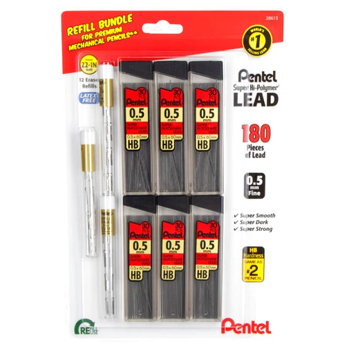 Pentel Eraser and Lead Refill Pack for Mechanical Pencils - Super Hi-polymer Lead Refills Value Pack, 0.5mm 6 Pack of 30 Pieces – Pack of White Eraser Refills 3 Packs of 4 Erasers