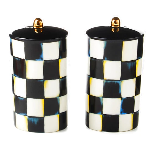 MACKENZIE-CHILDS Farmhouse Salt and Pepper Shaker Set, Ceramic Salt and Pepper Holders, Black-and-White Courtly Check