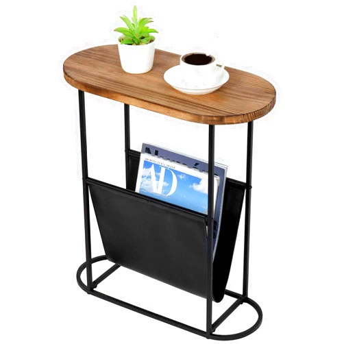 MyGift Modern Small Side Table Oval-Shaped Rustic Burnt Wood Tabletop and Black Metal Frame, Accent End Table with Magazine Sling Holder Pouch
