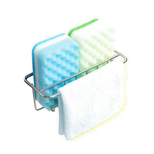 KESOL Adhesive Kitchen Sink Sponge Holder + Dish Cloth Hanger + Soap Holder, 2-in-1 Kitchen Sink Caddy, 304 Stainless Steel Rust Proof, Water Proof, No Drilling (Silver)