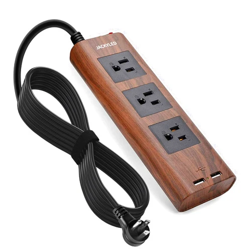 JACKYLED 9.8ft Desktop Power Strip with USB, JACKYLED Flat Plug Brown Extension Cord Vintage Surge Protector 3 Outlets, Electrical Power Outlet Extender, Fire-Retardant USB Charging Station, Walnut Wood Grain