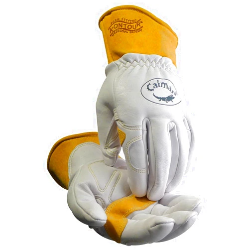 Caiman Premium Goat Grain TIG/MIG Welding Gloves with Wool Insulated Back, Scalloped Cuff, Boarhide Palm, Unlined, Reinforced Thumb, Kevlar, Kontour Design, White/Gold, X-Large (1871-6)